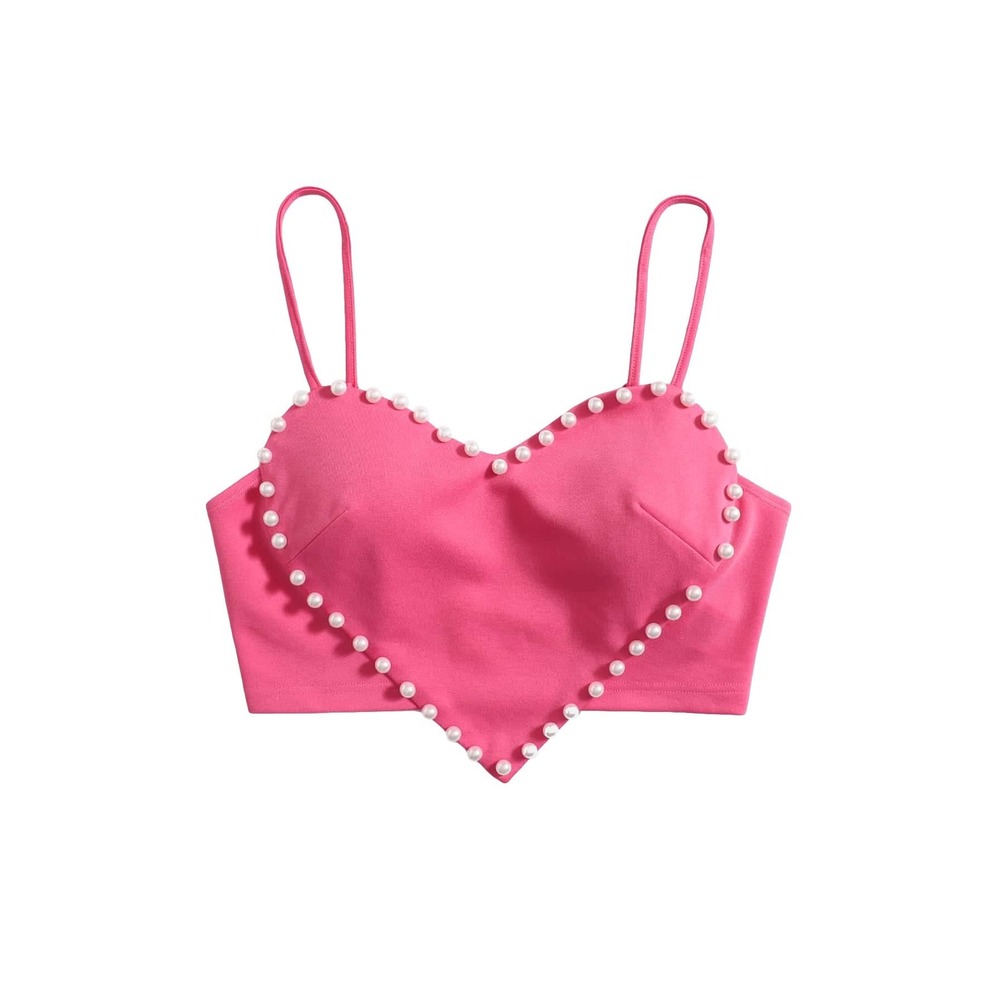 NWT WDIRARA Heart Pearl Crop Top Hot Pink Cami Spaghetti Strap Size Small